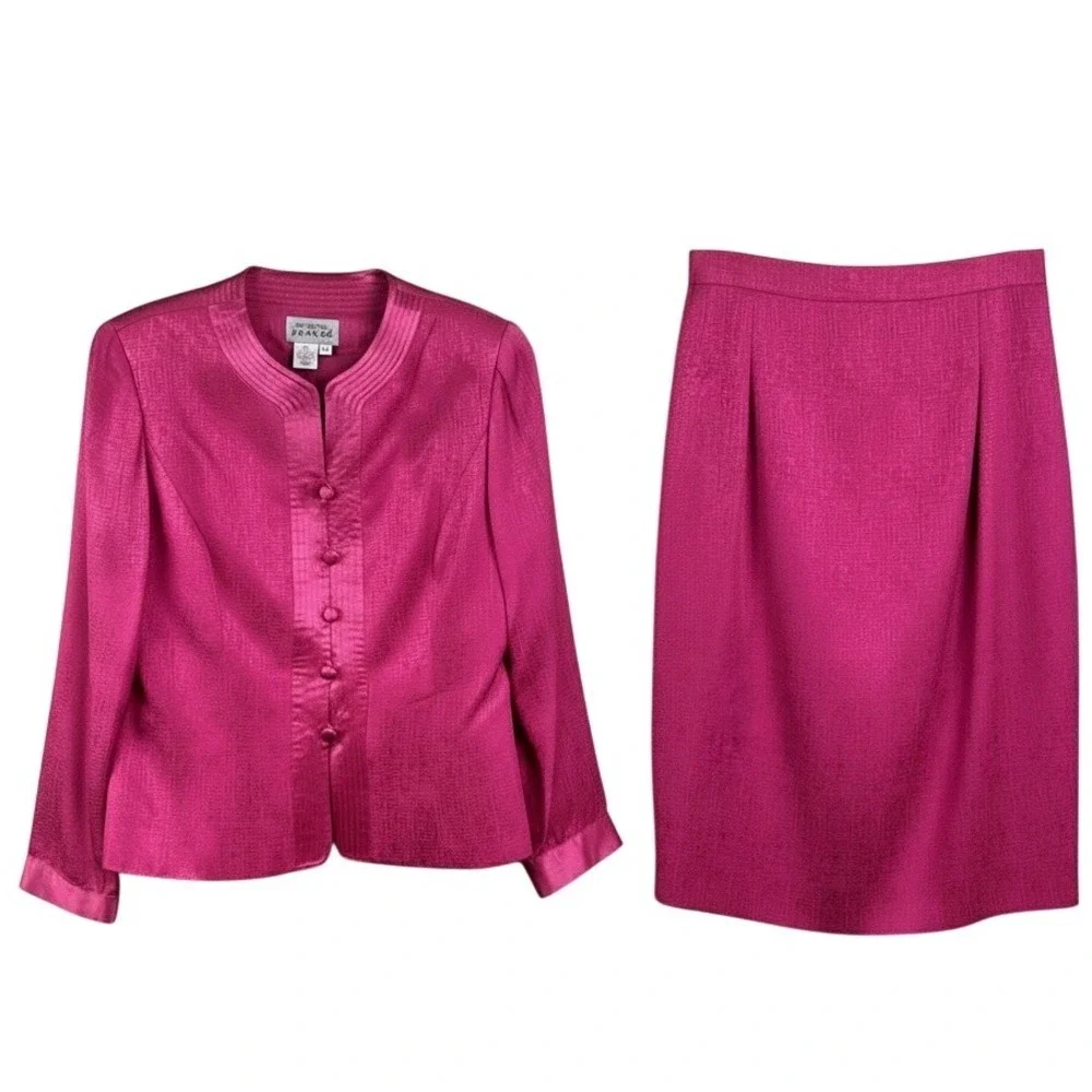 Adrianna Papell Hot Pink Two Piece 100% Silk Satin Buttons Skirt Suit Asian 10 - Picture 1 of 9